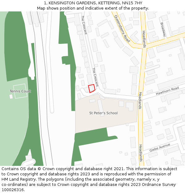 1, KENSINGTON GARDENS, KETTERING, NN15 7HY: Location map and indicative extent of plot