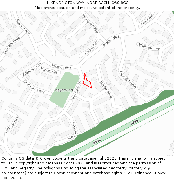 1, KENSINGTON WAY, NORTHWICH, CW9 8GG: Location map and indicative extent of plot