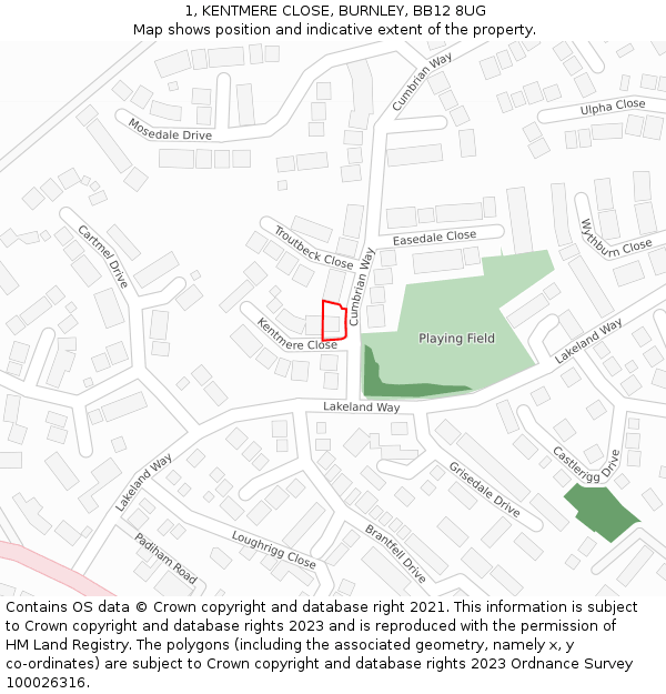 1, KENTMERE CLOSE, BURNLEY, BB12 8UG: Location map and indicative extent of plot