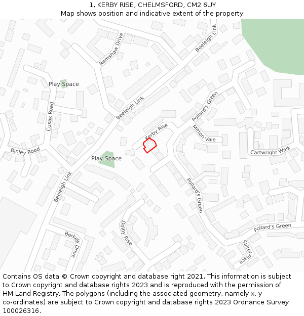 1, KERBY RISE, CHELMSFORD, CM2 6UY: Location map and indicative extent of plot