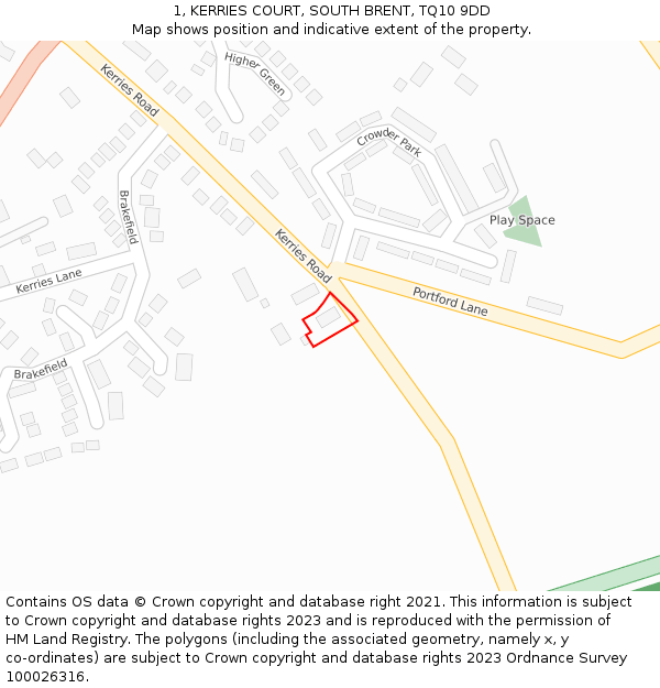 1, KERRIES COURT, SOUTH BRENT, TQ10 9DD: Location map and indicative extent of plot