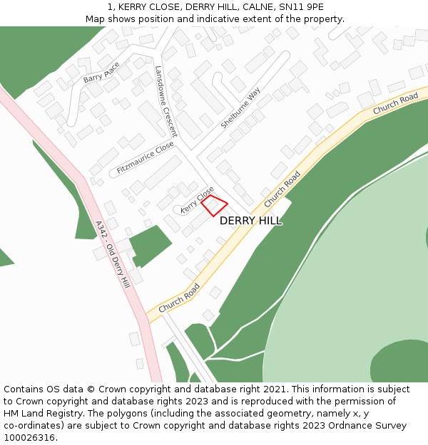 1, KERRY CLOSE, DERRY HILL, CALNE, SN11 9PE: Location map and indicative extent of plot