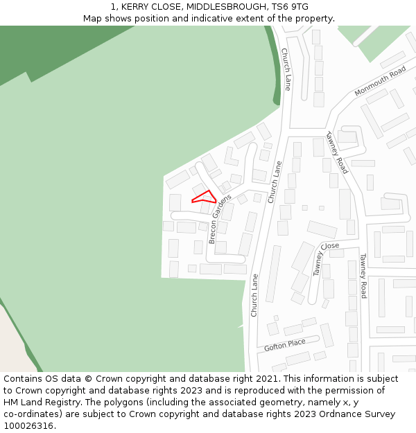 1, KERRY CLOSE, MIDDLESBROUGH, TS6 9TG: Location map and indicative extent of plot