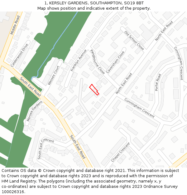 1, KERSLEY GARDENS, SOUTHAMPTON, SO19 8BT: Location map and indicative extent of plot