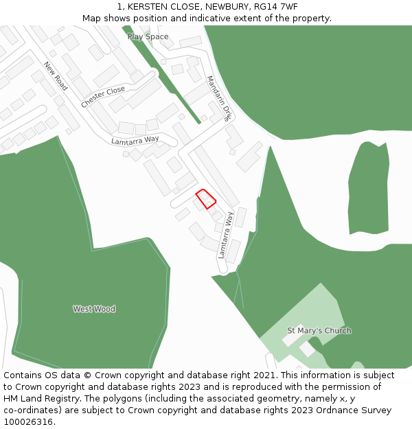 1, KERSTEN CLOSE, NEWBURY, RG14 7WF: Location map and indicative extent of plot