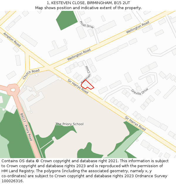 1, KESTEVEN CLOSE, BIRMINGHAM, B15 2UT: Location map and indicative extent of plot