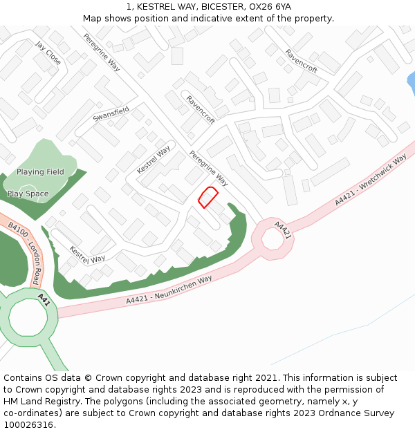 1, KESTREL WAY, BICESTER, OX26 6YA: Location map and indicative extent of plot