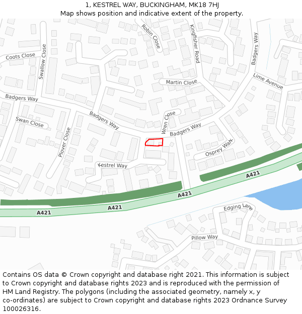 1, KESTREL WAY, BUCKINGHAM, MK18 7HJ: Location map and indicative extent of plot