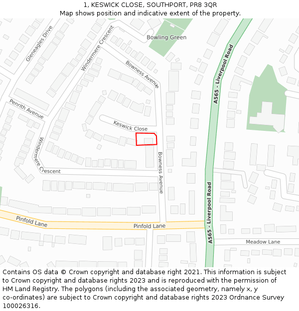 1, KESWICK CLOSE, SOUTHPORT, PR8 3QR: Location map and indicative extent of plot