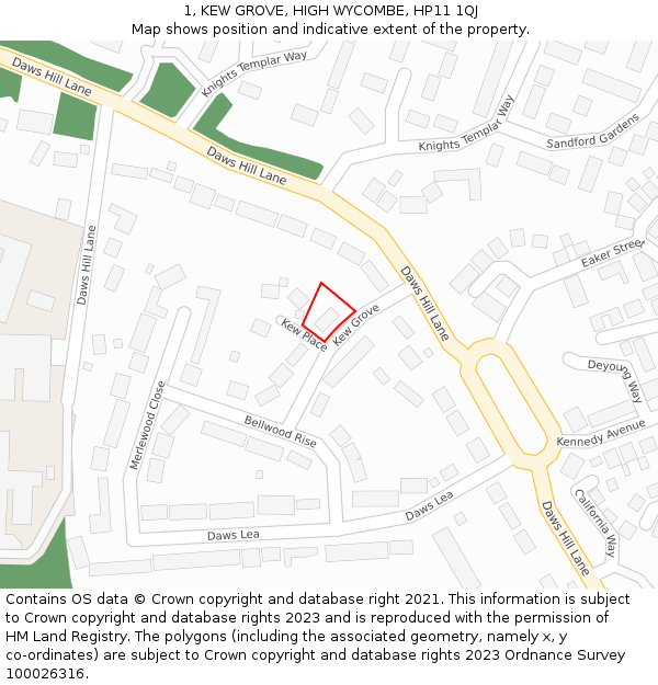 1, KEW GROVE, HIGH WYCOMBE, HP11 1QJ: Location map and indicative extent of plot