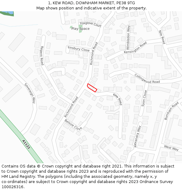 1, KEW ROAD, DOWNHAM MARKET, PE38 9TG: Location map and indicative extent of plot