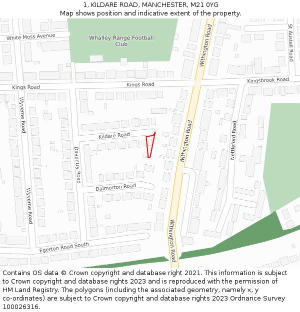 1, KILDARE ROAD, MANCHESTER, M21 0YG: Location map and indicative extent of plot