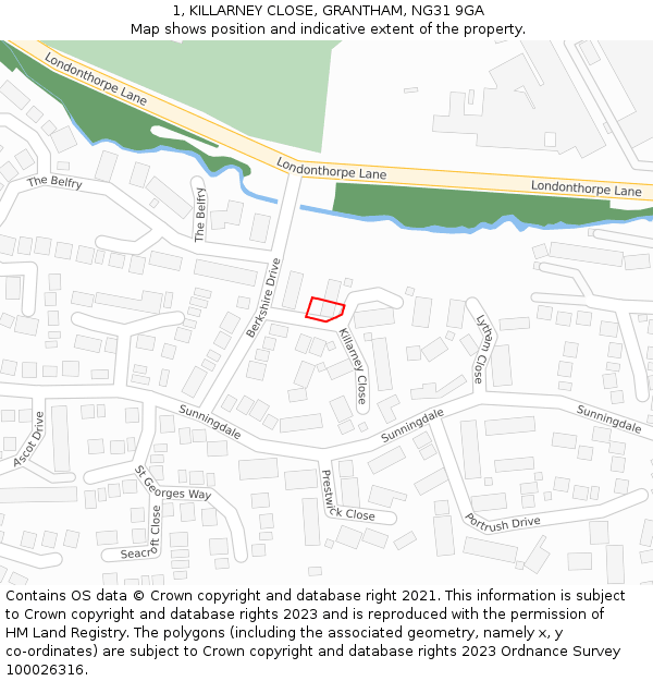 1, KILLARNEY CLOSE, GRANTHAM, NG31 9GA: Location map and indicative extent of plot