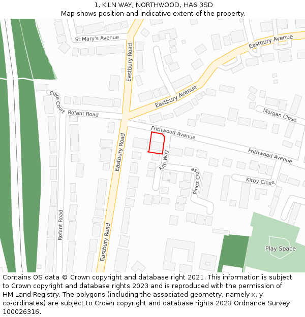 1, KILN WAY, NORTHWOOD, HA6 3SD: Location map and indicative extent of plot