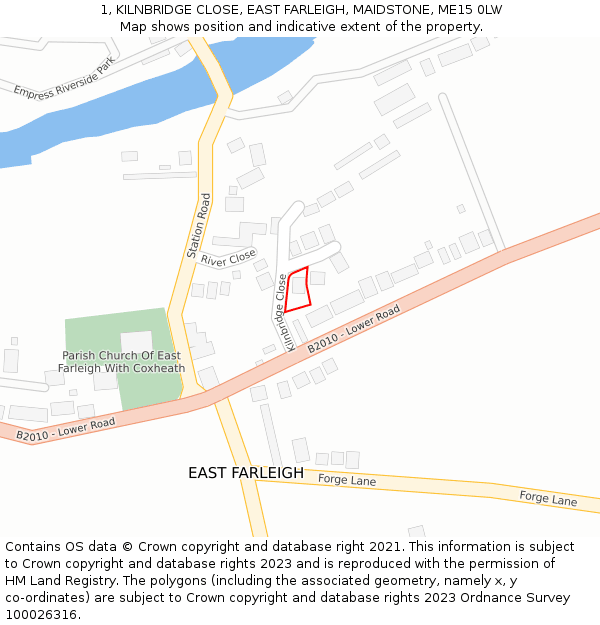 1, KILNBRIDGE CLOSE, EAST FARLEIGH, MAIDSTONE, ME15 0LW: Location map and indicative extent of plot