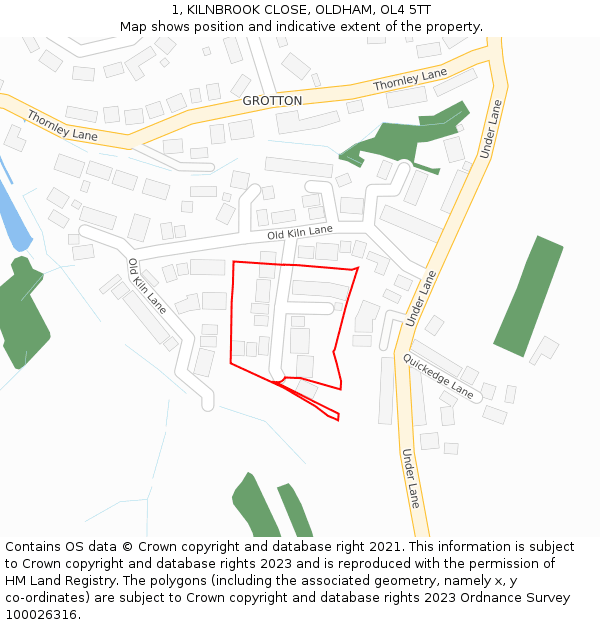 1, KILNBROOK CLOSE, OLDHAM, OL4 5TT: Location map and indicative extent of plot