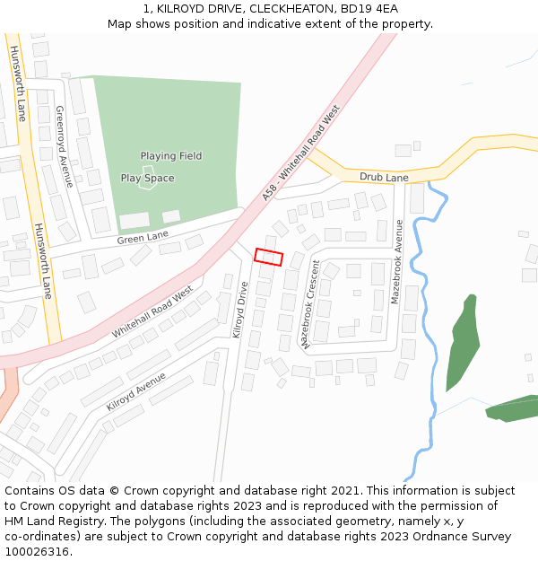 1, KILROYD DRIVE, CLECKHEATON, BD19 4EA: Location map and indicative extent of plot