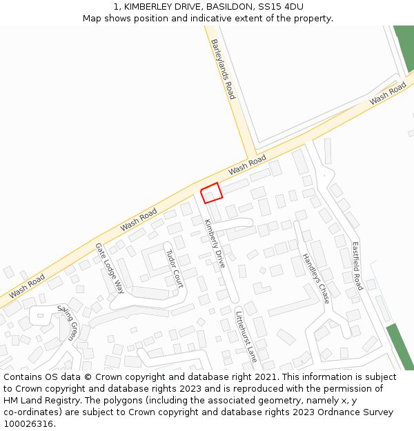 1, KIMBERLEY DRIVE, BASILDON, SS15 4DU: Location map and indicative extent of plot