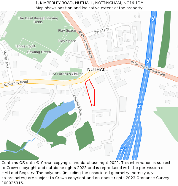 1, KIMBERLEY ROAD, NUTHALL, NOTTINGHAM, NG16 1DA: Location map and indicative extent of plot