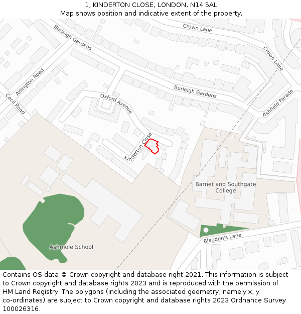 1, KINDERTON CLOSE, LONDON, N14 5AL: Location map and indicative extent of plot