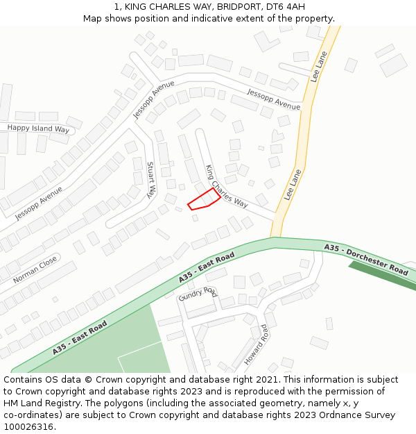 1, KING CHARLES WAY, BRIDPORT, DT6 4AH: Location map and indicative extent of plot