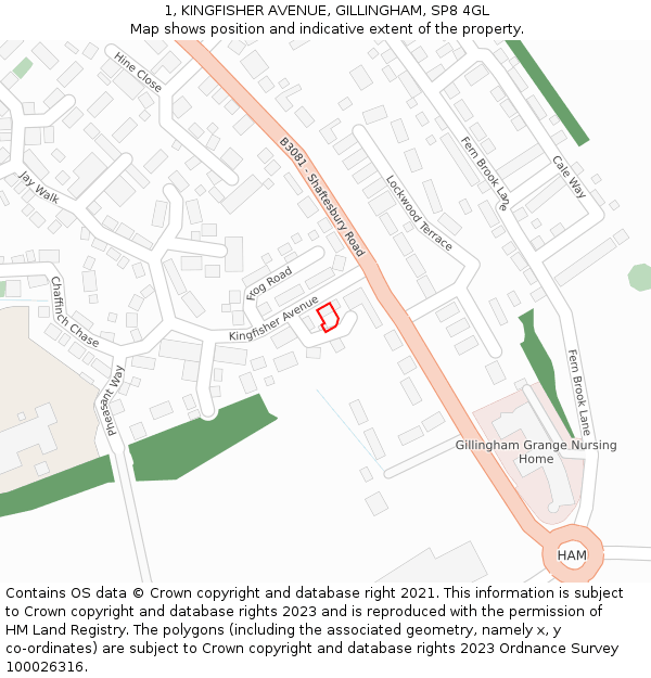 1, KINGFISHER AVENUE, GILLINGHAM, SP8 4GL: Location map and indicative extent of plot