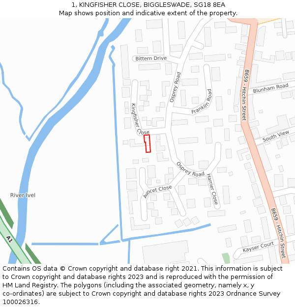 1, KINGFISHER CLOSE, BIGGLESWADE, SG18 8EA: Location map and indicative extent of plot