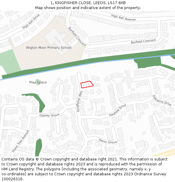 1, KINGFISHER CLOSE, LEEDS, LS17 8XB: Location map and indicative extent of plot