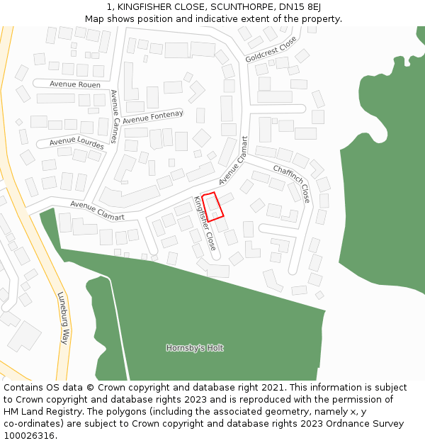 1, KINGFISHER CLOSE, SCUNTHORPE, DN15 8EJ: Location map and indicative extent of plot