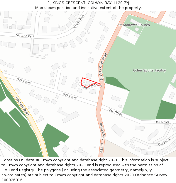 1, KINGS CRESCENT, COLWYN BAY, LL29 7YJ: Location map and indicative extent of plot