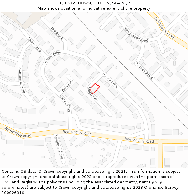 1, KINGS DOWN, HITCHIN, SG4 9QP: Location map and indicative extent of plot