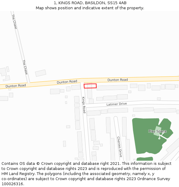 1, KINGS ROAD, BASILDON, SS15 4AB: Location map and indicative extent of plot