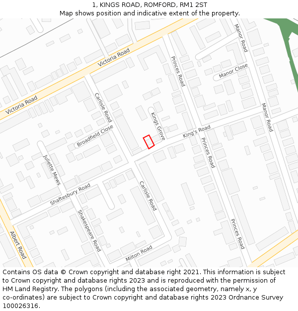 1, KINGS ROAD, ROMFORD, RM1 2ST: Location map and indicative extent of plot