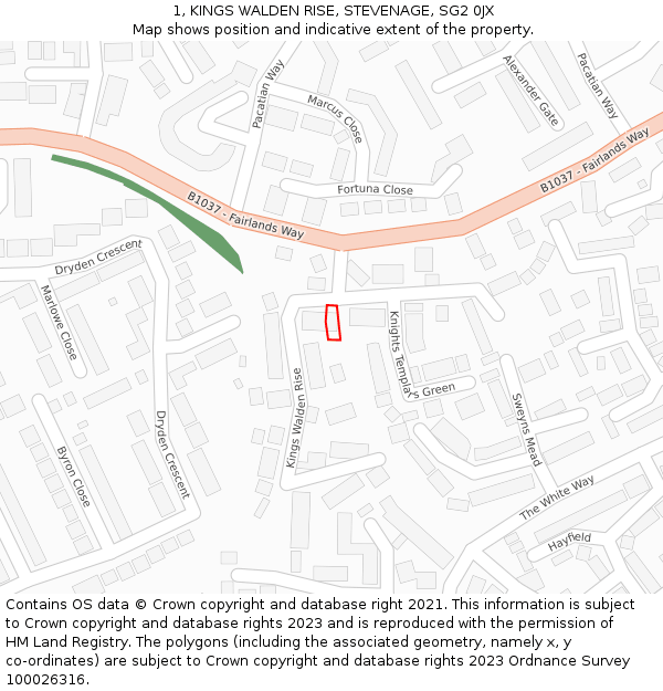 1, KINGS WALDEN RISE, STEVENAGE, SG2 0JX: Location map and indicative extent of plot