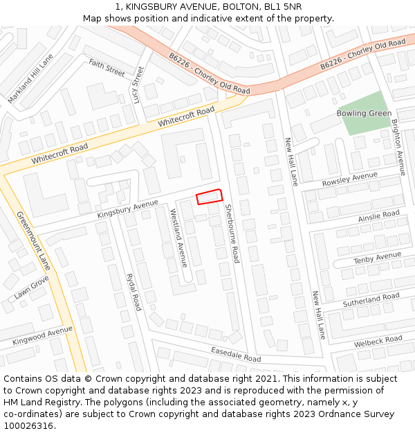 1, KINGSBURY AVENUE, BOLTON, BL1 5NR: Location map and indicative extent of plot