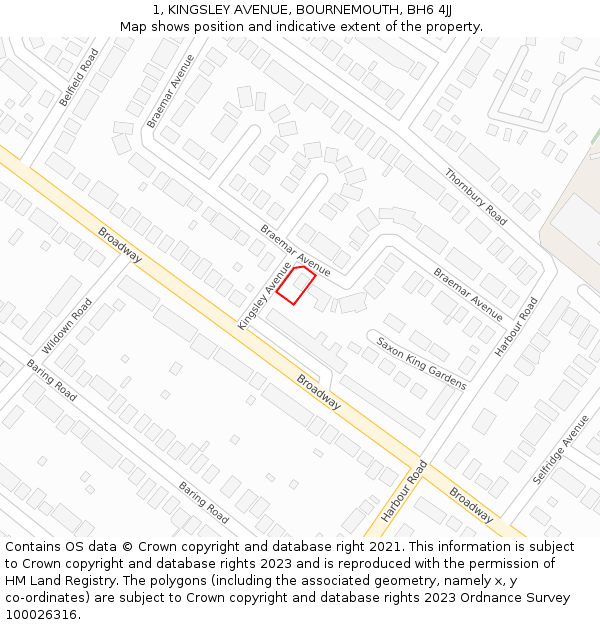 1, KINGSLEY AVENUE, BOURNEMOUTH, BH6 4JJ: Location map and indicative extent of plot