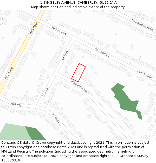 1, KINGSLEY AVENUE, CAMBERLEY, GU15 2NA: Location map and indicative extent of plot