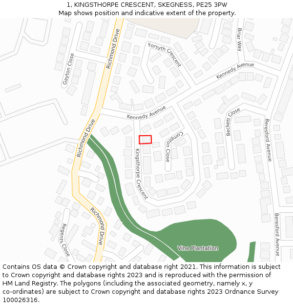 1, KINGSTHORPE CRESCENT, SKEGNESS, PE25 3PW: Location map and indicative extent of plot