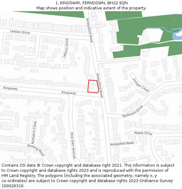 1, KINGSWAY, FERNDOWN, BH22 9QN: Location map and indicative extent of plot