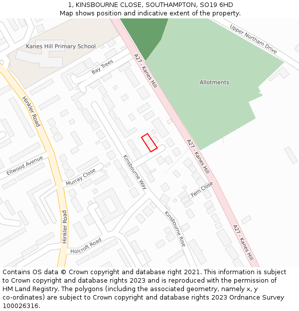 1, KINSBOURNE CLOSE, SOUTHAMPTON, SO19 6HD: Location map and indicative extent of plot