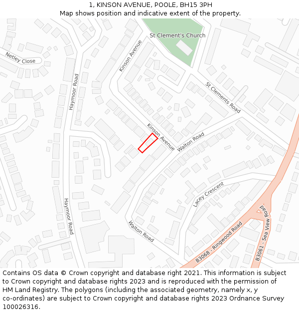1, KINSON AVENUE, POOLE, BH15 3PH: Location map and indicative extent of plot
