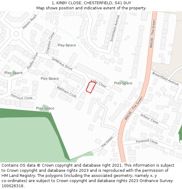 1, KIRBY CLOSE, CHESTERFIELD, S41 0UY: Location map and indicative extent of plot
