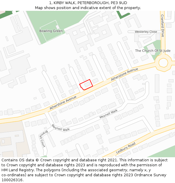 1, KIRBY WALK, PETERBOROUGH, PE3 9UD: Location map and indicative extent of plot