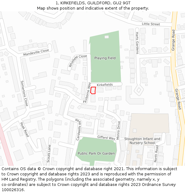 1, KIRKEFIELDS, GUILDFORD, GU2 9GT: Location map and indicative extent of plot