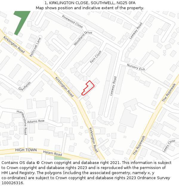 1, KIRKLINGTON CLOSE, SOUTHWELL, NG25 0FA: Location map and indicative extent of plot