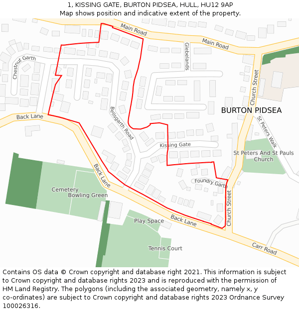 1, KISSING GATE, BURTON PIDSEA, HULL, HU12 9AP: Location map and indicative extent of plot