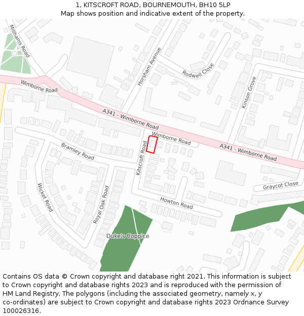 1, KITSCROFT ROAD, BOURNEMOUTH, BH10 5LP: Location map and indicative extent of plot