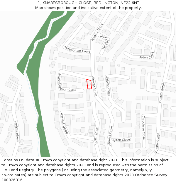 1, KNARESBOROUGH CLOSE, BEDLINGTON, NE22 6NT: Location map and indicative extent of plot