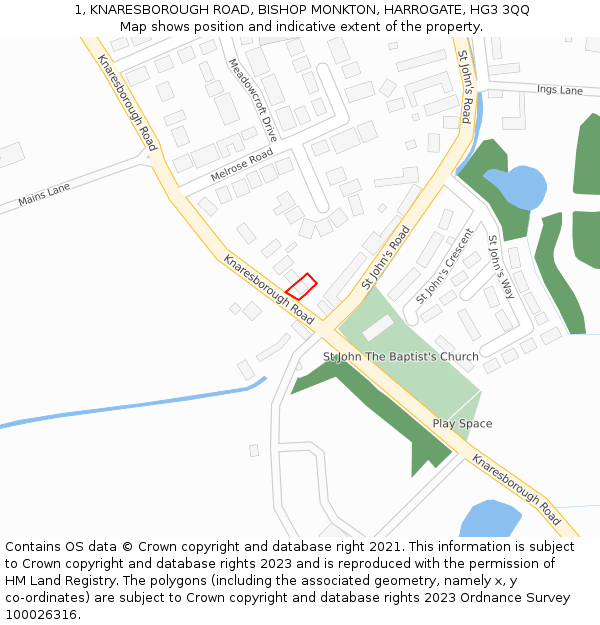 1, KNARESBOROUGH ROAD, BISHOP MONKTON, HARROGATE, HG3 3QQ: Location map and indicative extent of plot