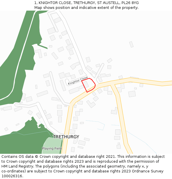 1, KNIGHTOR CLOSE, TRETHURGY, ST AUSTELL, PL26 8YG: Location map and indicative extent of plot